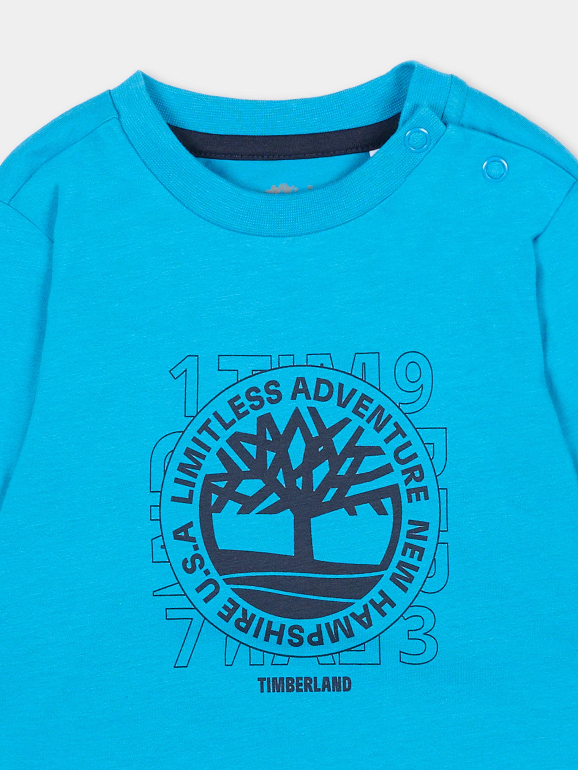T-shirt azzurra per neonato con stampa albero,Timberland,T60251 83E