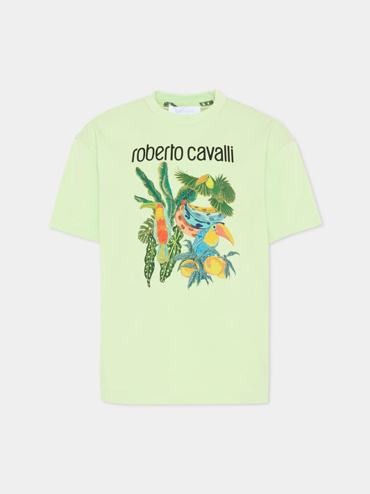 T-Shirt verde per bambino con stampa jungle,Roberto Cavalli Kids,CBP26150TS GREEN LETTUCE