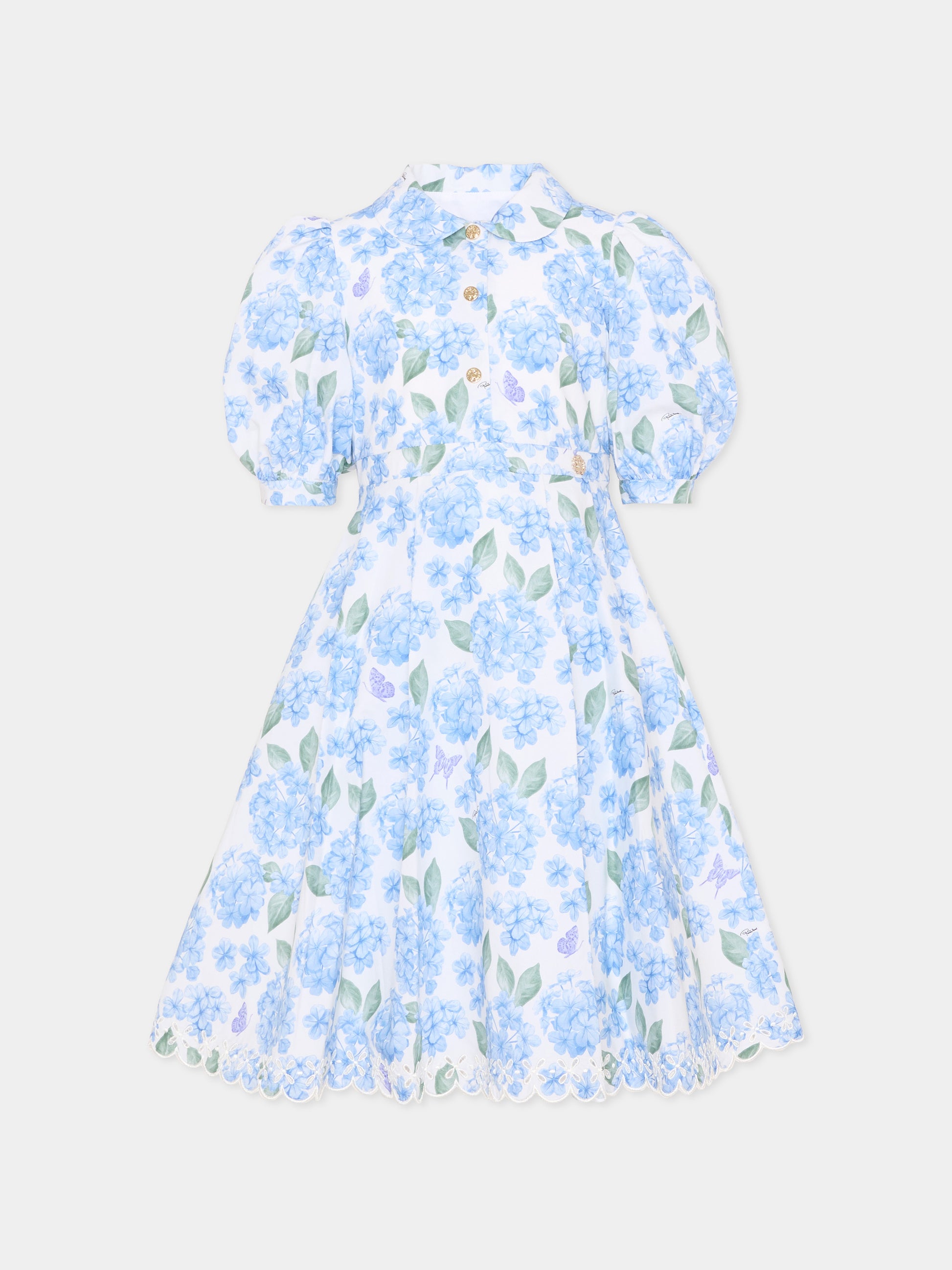 Vestito celeste per bambina floreale,Roberto Cavalli Kids,CGP26003VE PLUMBAGO