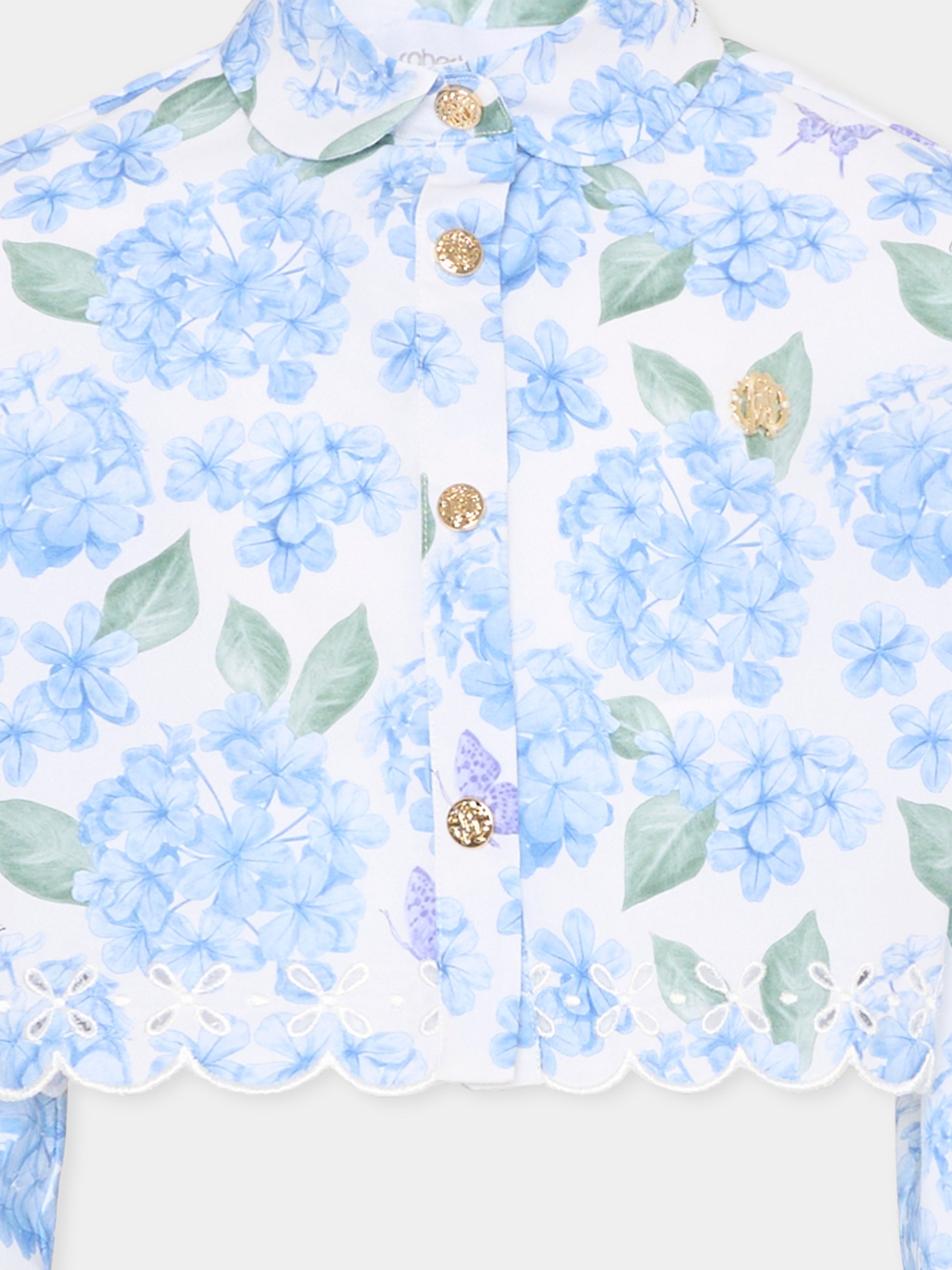 Camicia celeste per bambina con stampa floreale,Roberto Cavalli Kids,CGP26004CA PLUMBAGO