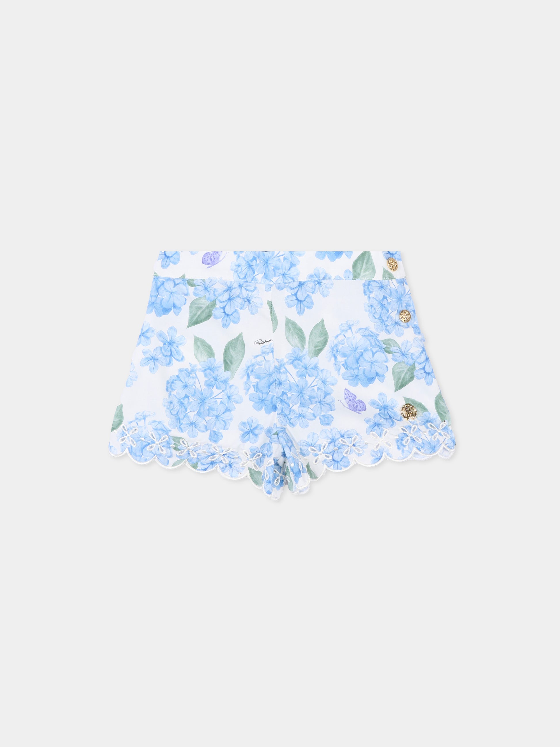 Shorts celeste per neonata con fiori,Roberto Cavalli Kids,CIP26018SH PLUMBAGO