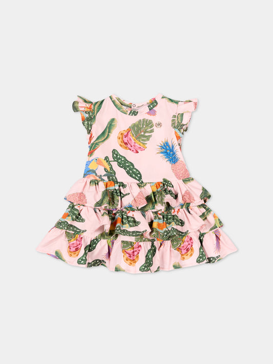 Abito rosa per neonata con stampa tropicale,Roberto Cavalli Kids,CIP26038VE TROPICANA BABY ROSE