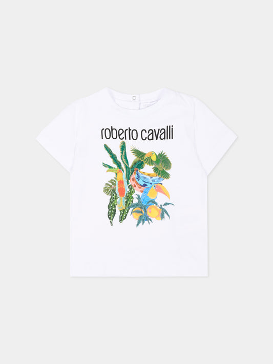T-shirt bianca per neonato con stampa tropicale,Roberto Cavalli Kids,CIP26083TS WHITE