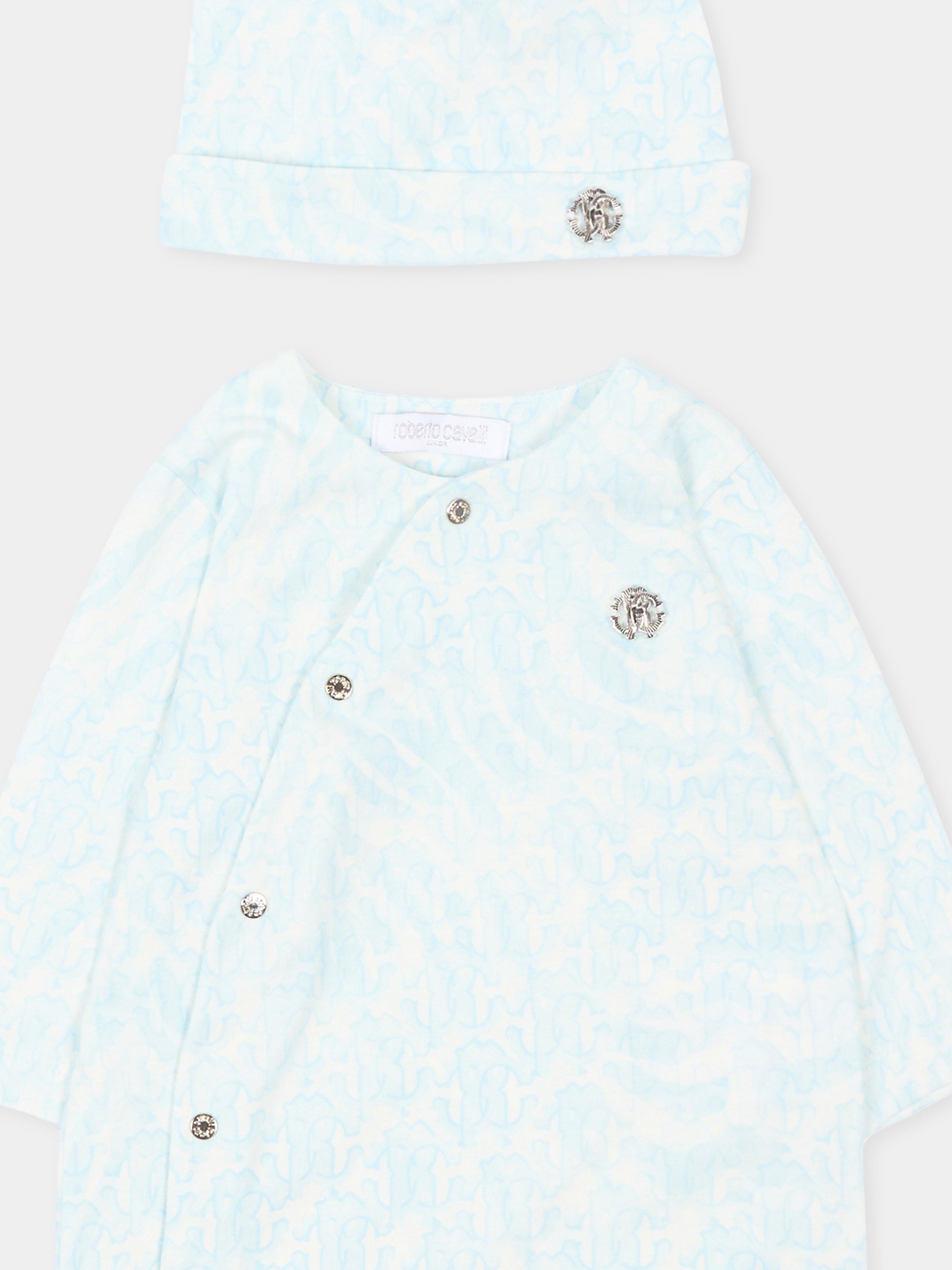 Set tutina celeste per neonato con stampa monogram,Roberto Cavalli Kids,CLP26003TU ZEBRA CELESTE
