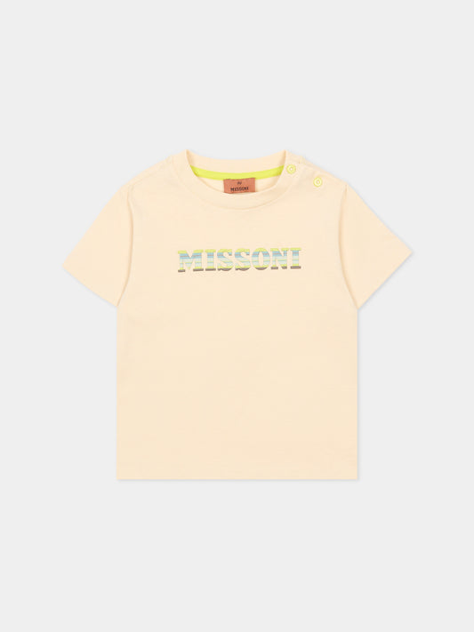 T-shirt beige per neonati con logo multicolor,Missoni,MU8531 Z0082 165