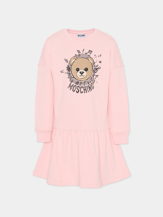 Vestito rosa per bambina con Teddy Bear e note musicali,Moschino Kids,HDV0GS LCA23 50209