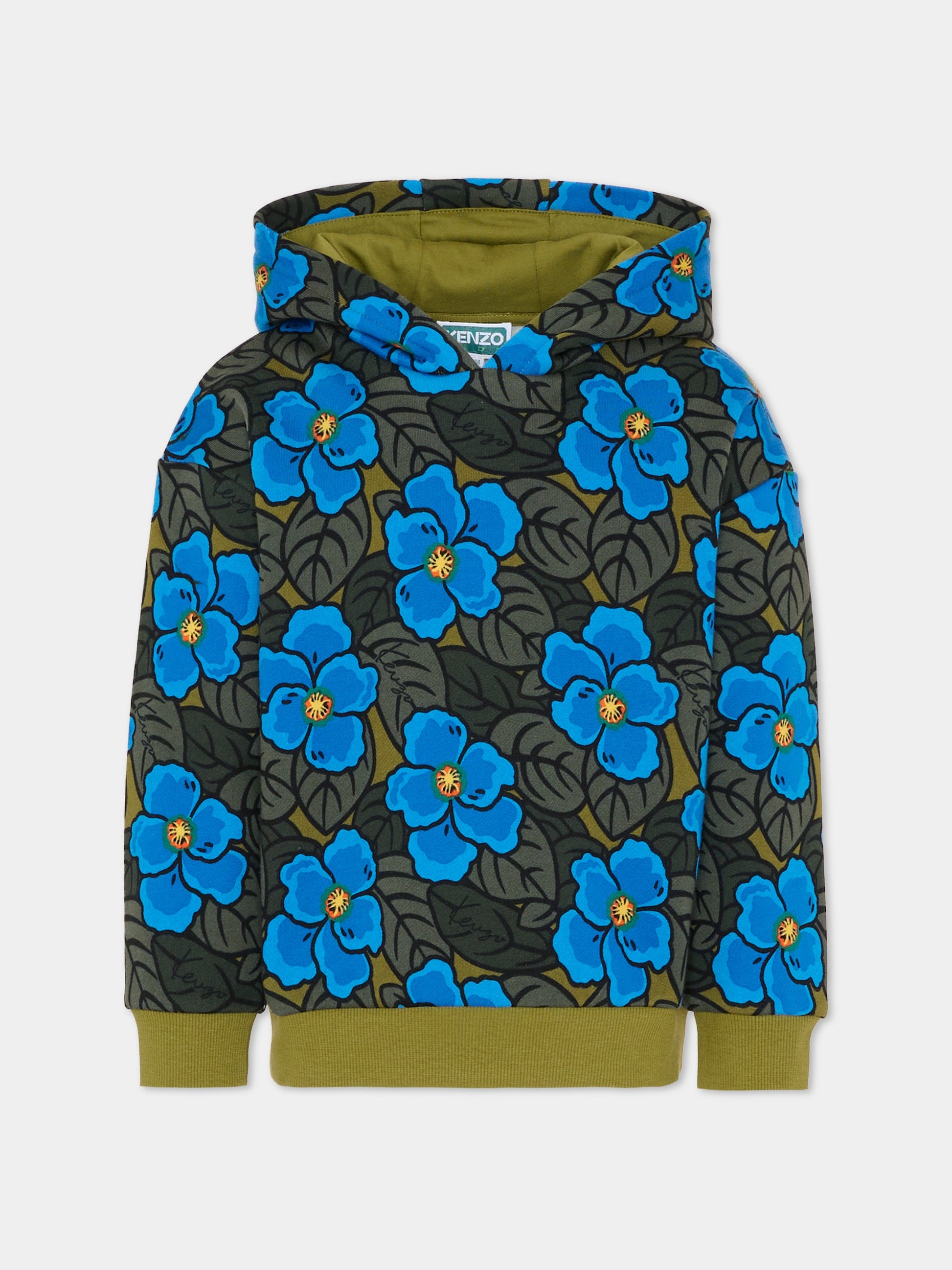 Felpa verde per bambina con papaveri blu,Kenzo Kids,K61433 845