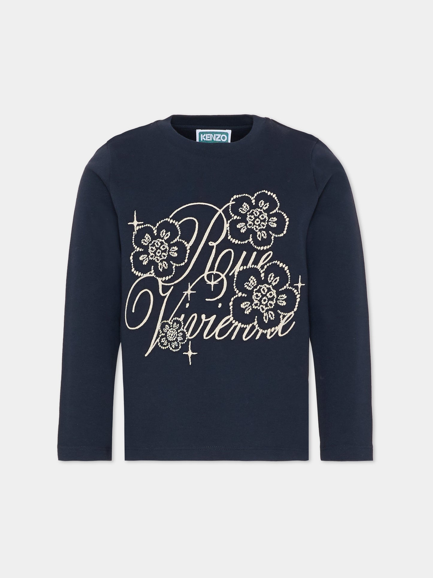 T-shirt blu per bambina con fiori bianchi,Kenzo Kids,K61368 845