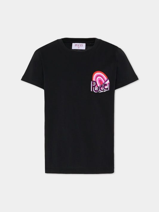T-shirt nera con patch per bambina,Emilio Pucci Junior,PX8A91 Z3186 930