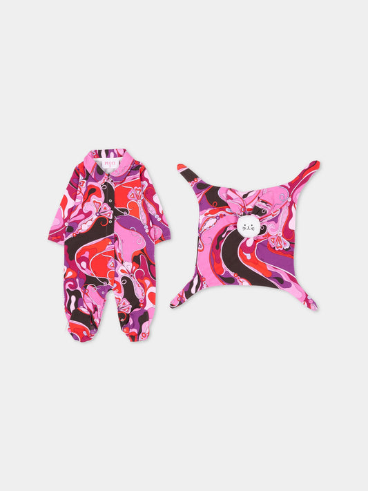 Fuchsia babysuit set with doudou for baby girl