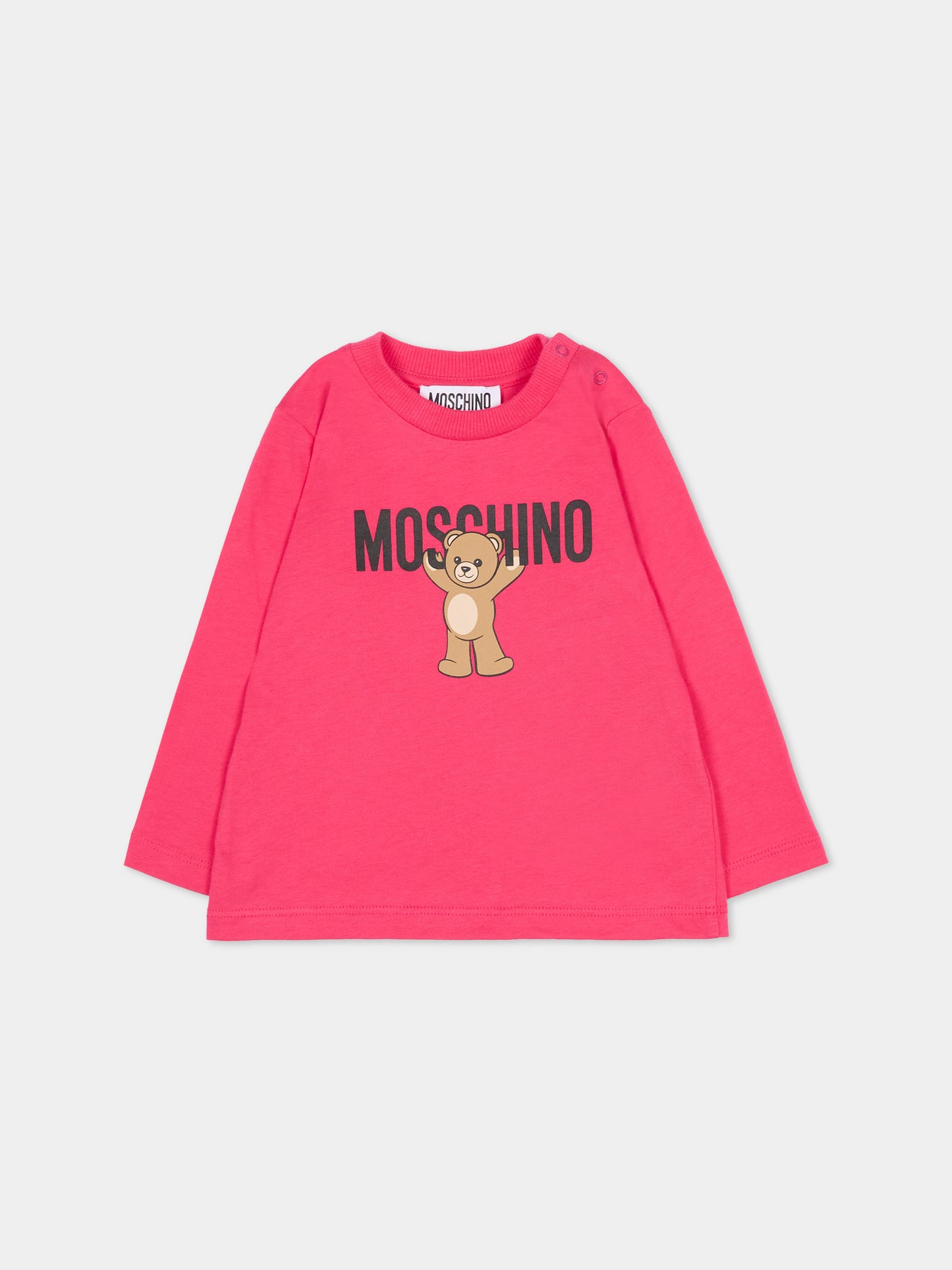 T-shirt fucsia per neonata con logo e Teddy Bear,Moschino Kids,MZO00R LAA10 50541