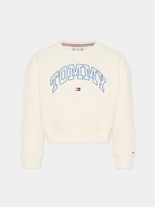 Felpa crop avorio per bambina con logo,Tommy Hilfiger Junior,KG0KG08785 YA8