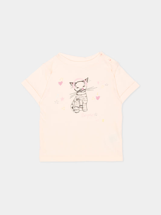 T-shirt rosa per neonata con stampa gatto,Bonpoint,P06XTSK00001 121