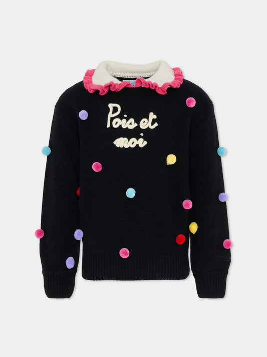 Maglione nero per bambina con pompon,Mc2 Saint Barth,LVE001 01909G