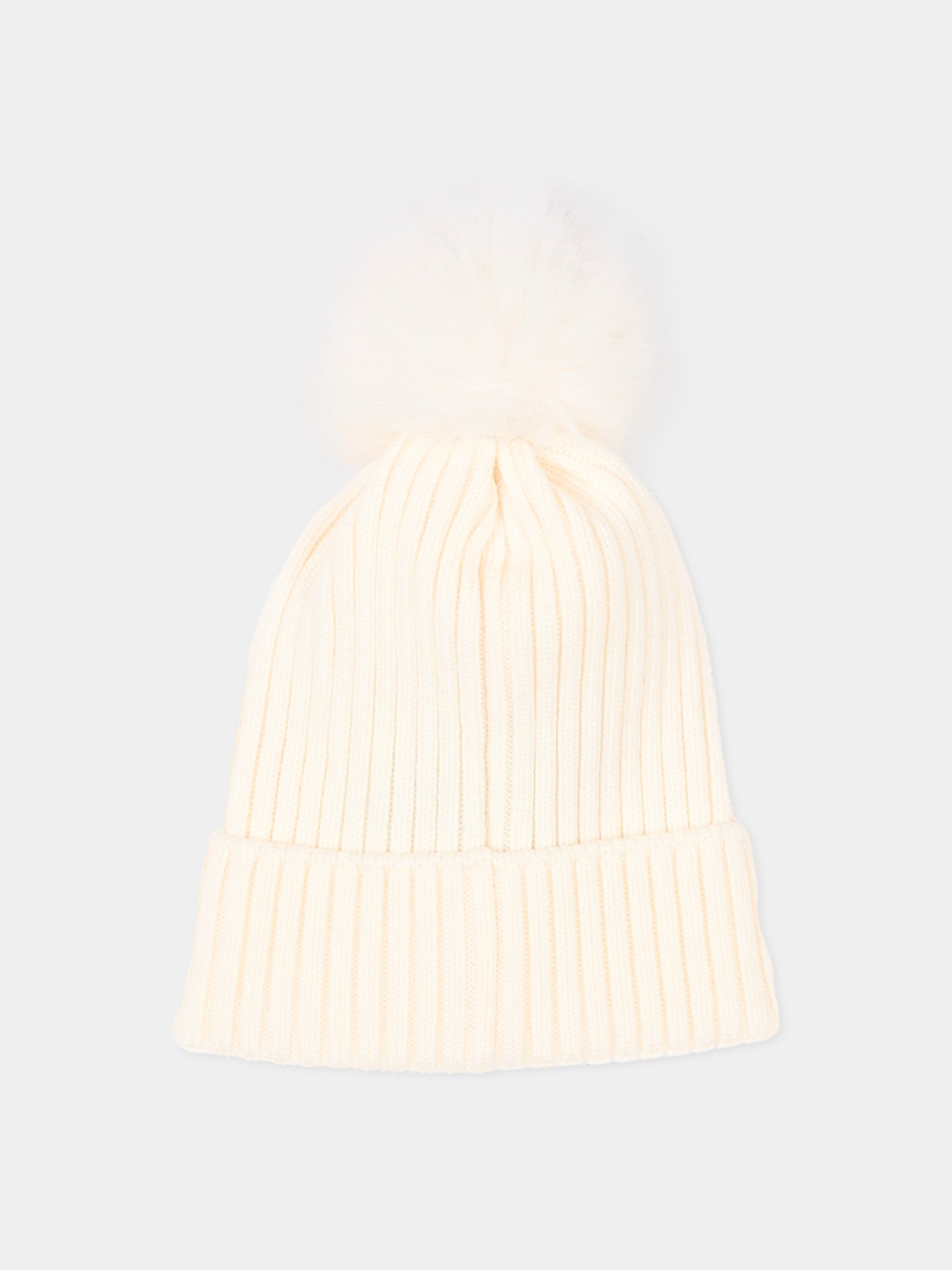Berretto avorio per bambina con pompon,Moncler Kids,L2954 3B00007 M1131 030