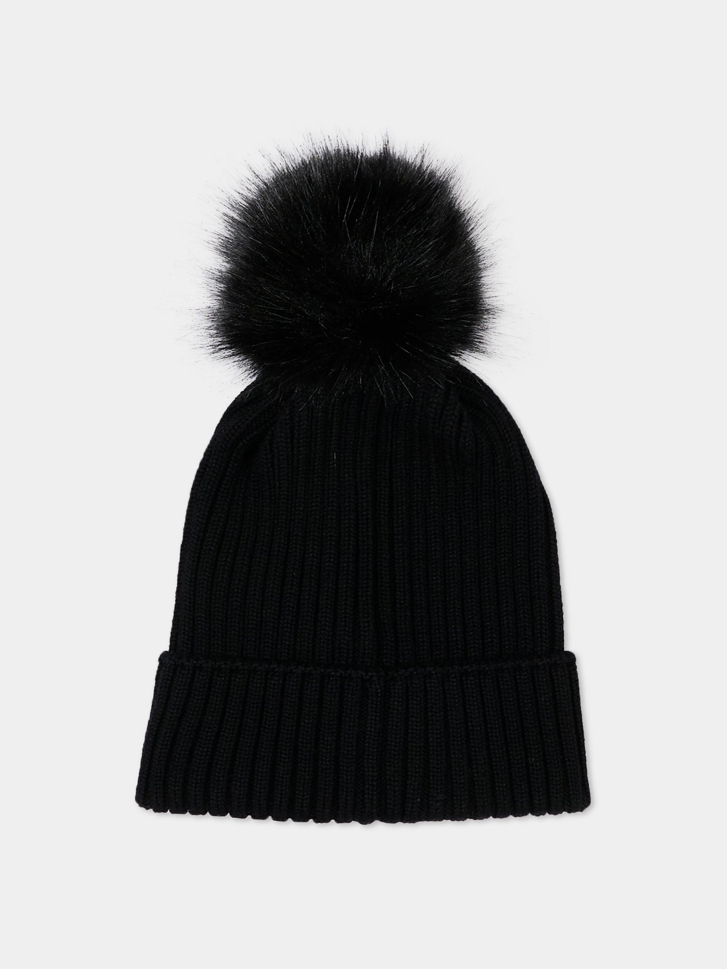 Berretto nero per bambina con pompon,Moncler Kids,L2954 3B00007 M1131 999