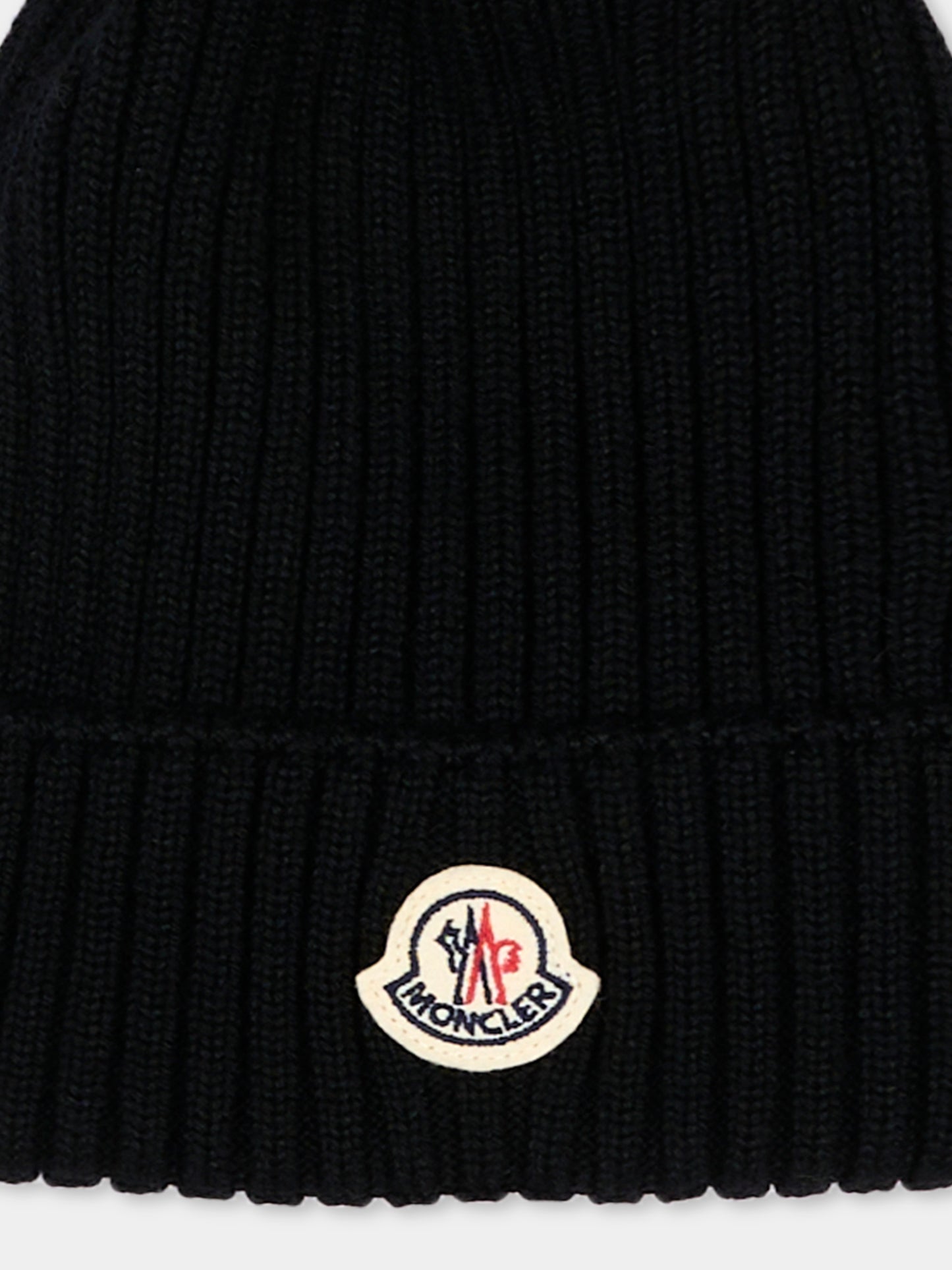 Berretto nero per bambina con pompon,Moncler Kids,L2954 3B00007 M1131 999