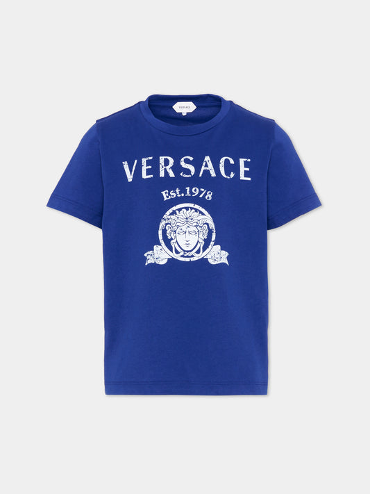 T-Shirt blu per bambino con logo,Versace,1024946 1A18123 2U0K0