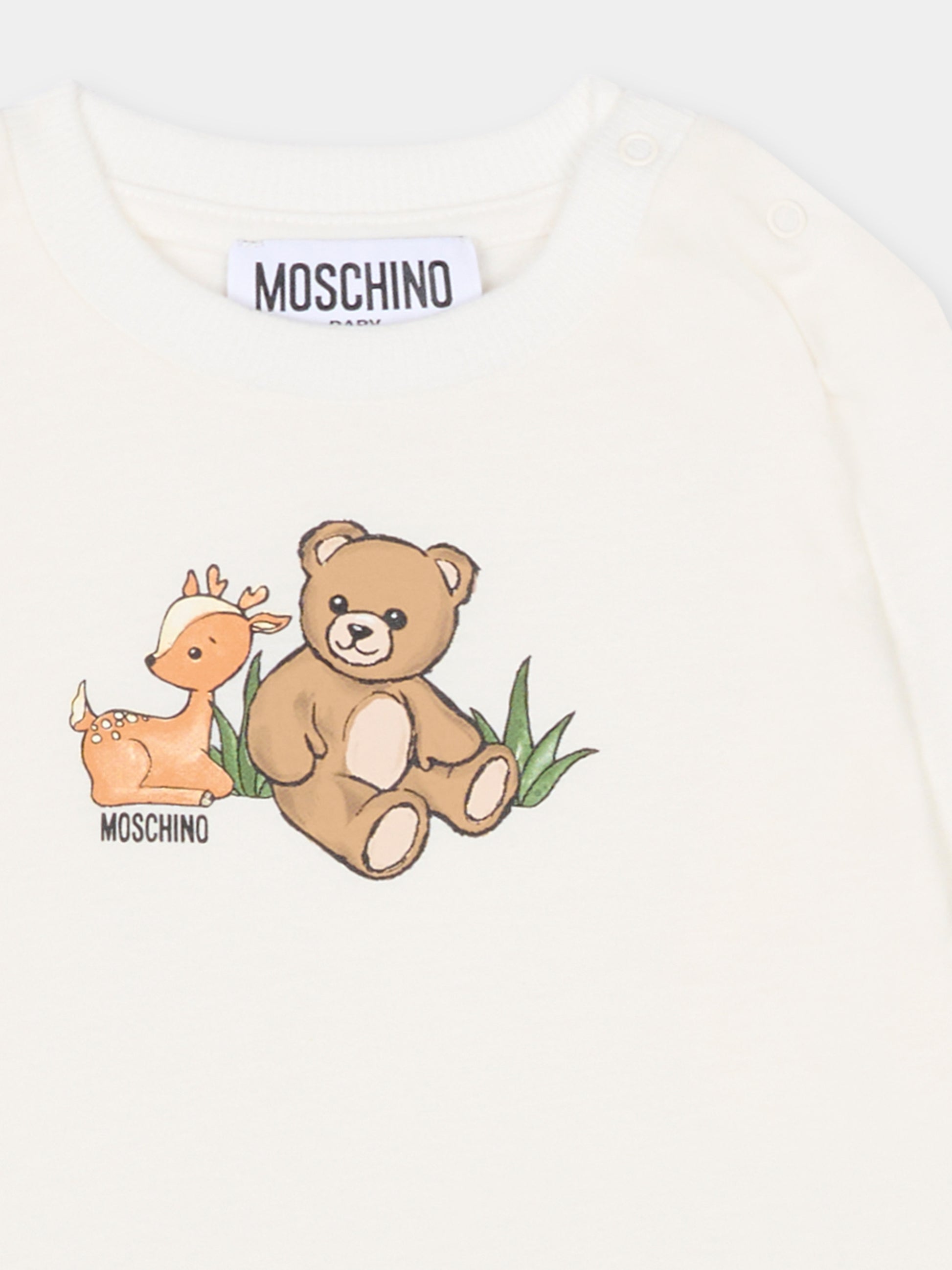 T-shirt avorio per neonati con Teddy Bear e cervo,Moschino Kids,MYO00R LAA10 10063