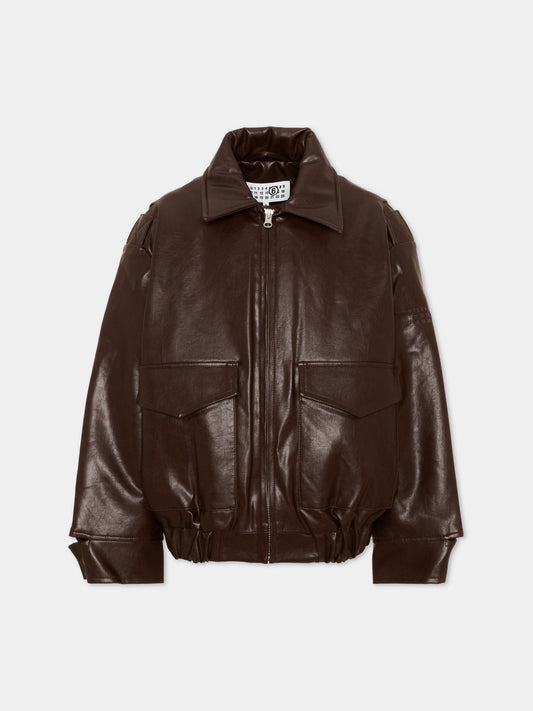 Giubbotto marrone in ecopelle per bambini con logo,Mm6 Maison Margiela,M61045 MM08L M6713
