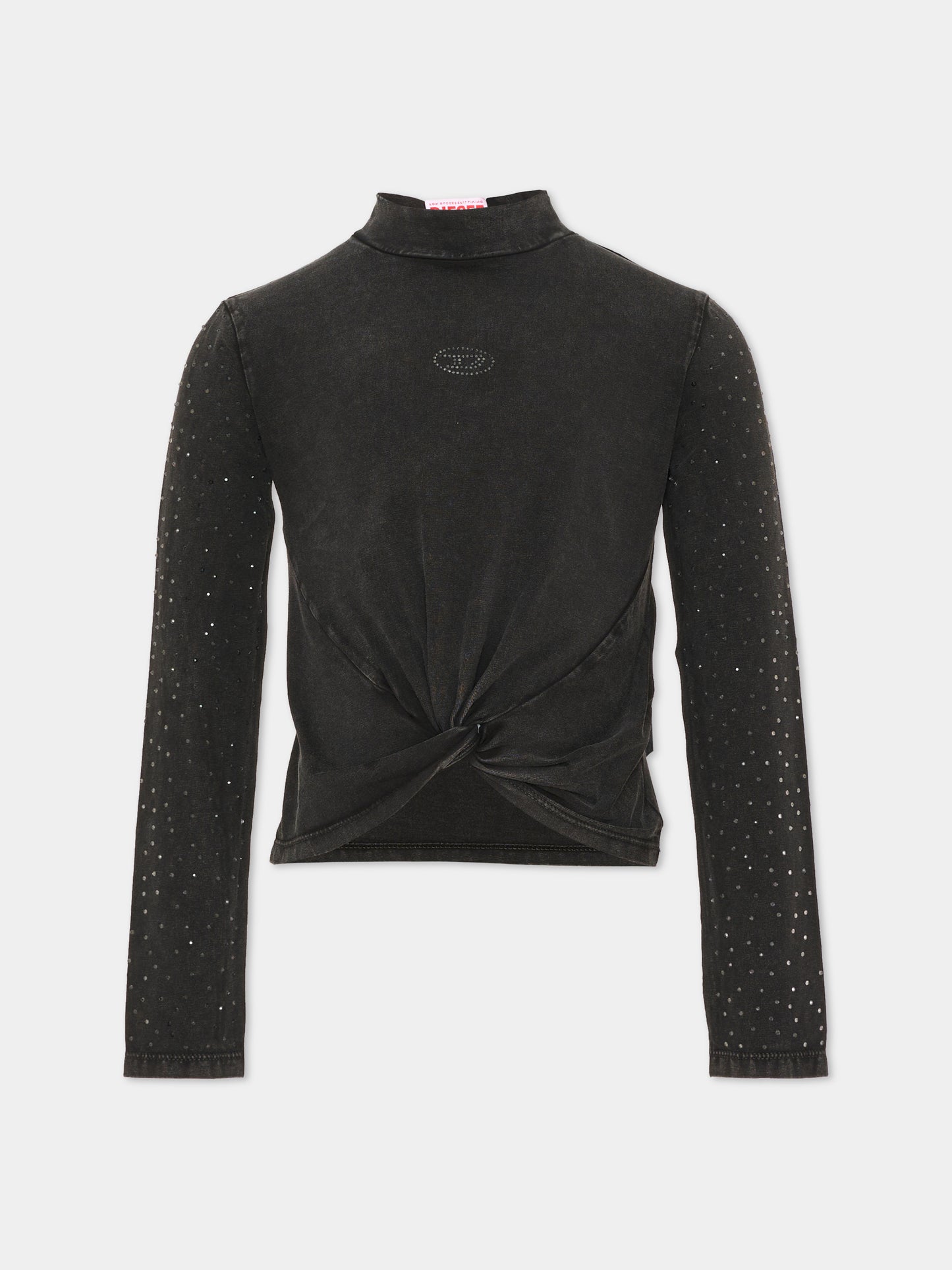 T-shirt a manica lunga nera per bambina con nodo,Diesel,J03011 KYA2K K900