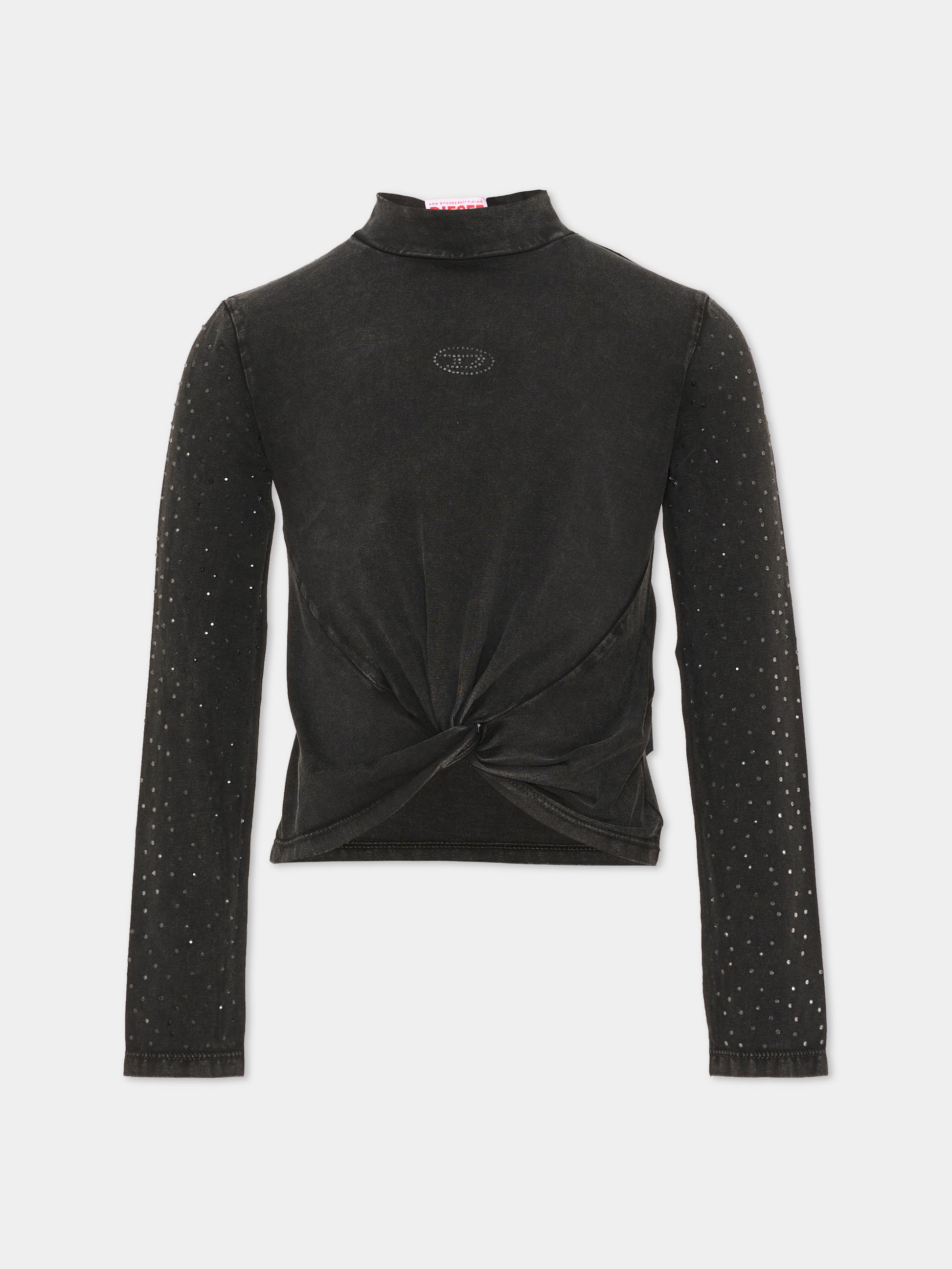 T-shirt a manica lunga nera per bambina con nodo,Diesel,J03011 KYA2K K900