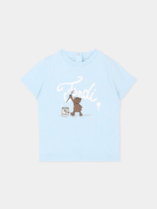 T-shirt celeste per neonato con logo,Fendi Kids,BUI120 AY8D F0EX7