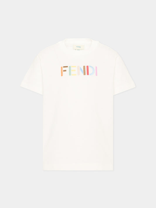 T-Shirt avorio per bambini con logo,Fendi Kids,JUI208 AY8D F0TU9