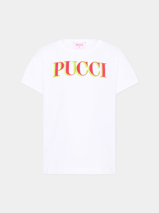 T-Shirt bianca per bambina con logo,Emilio Pucci Junior,PZ8A31 Z3672 100RO