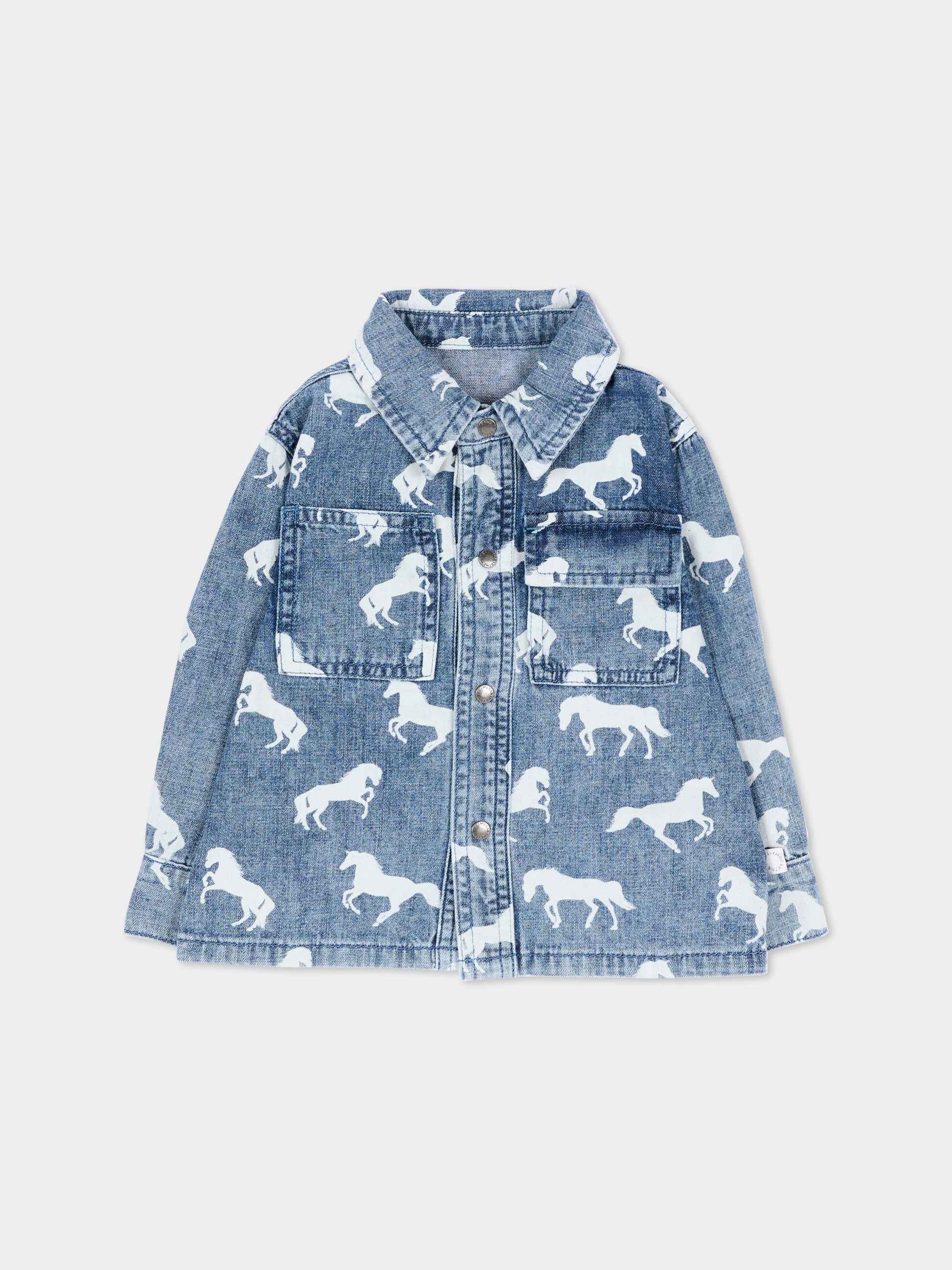 Camicia a manica lunga denim per neonato con stampa cavalli,Stella Mccartney Kids,TZ5300 Z4033 664BL