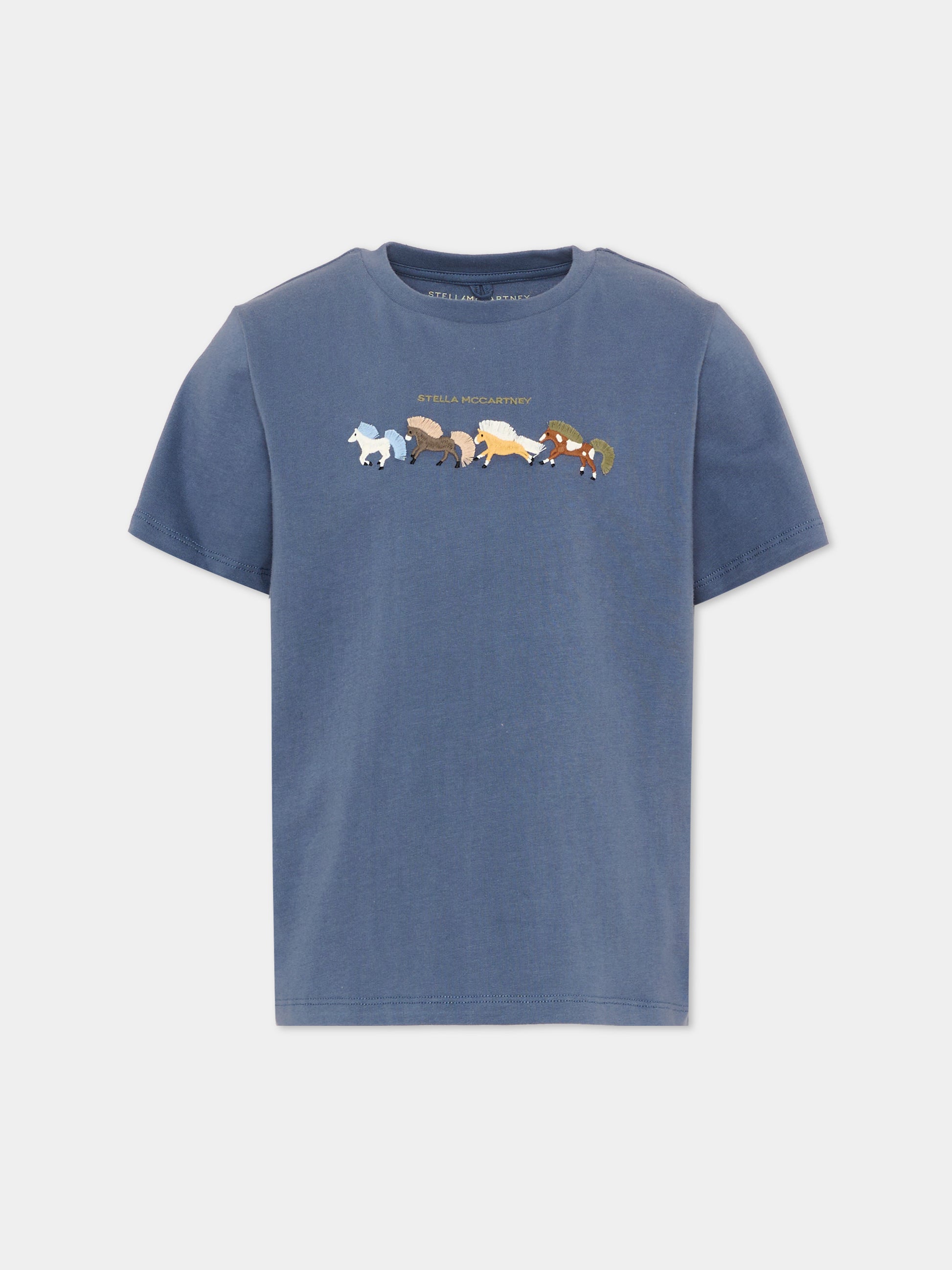 T-shirt blu per bambino con cavalli,Stella Mccartney Kids,TZ8P81 Z3772 657