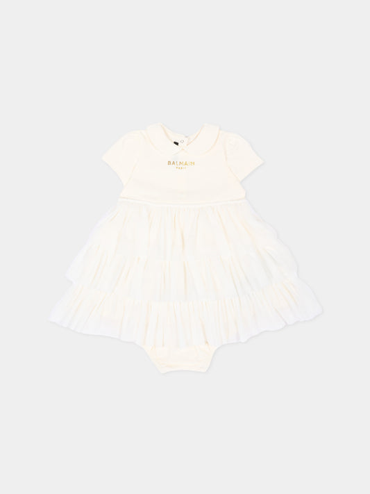 Abito avorio per neonata con logo,Balmain Kids,BZ1021 Z3672 102OR