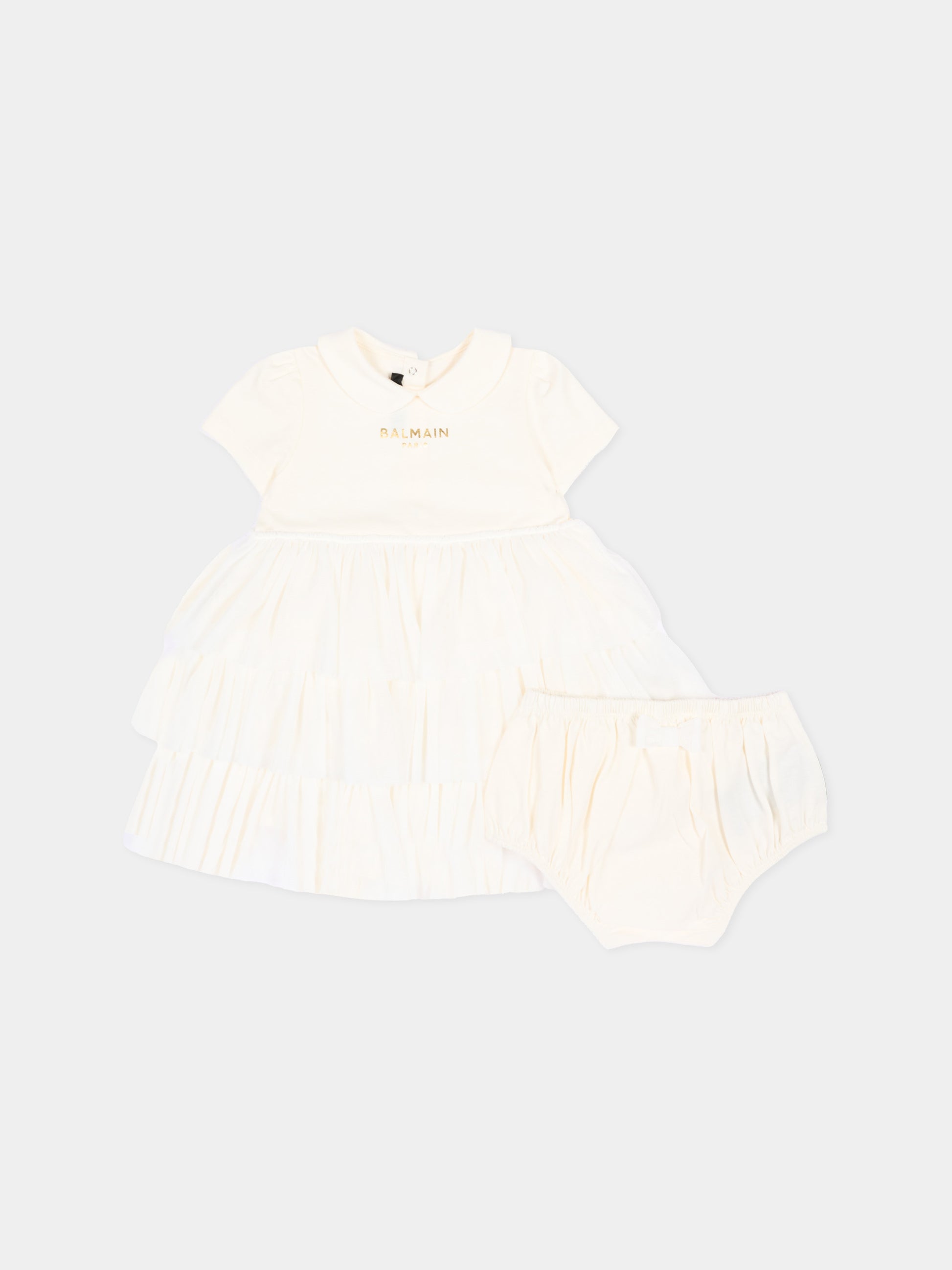 Abito avorio per neonata con logo,Balmain Kids,BZ1021 Z3672 102OR