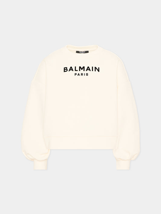 Felpa avorio per bambina con logo,Balmain Kids,BZ4A50 Z3728 102NE