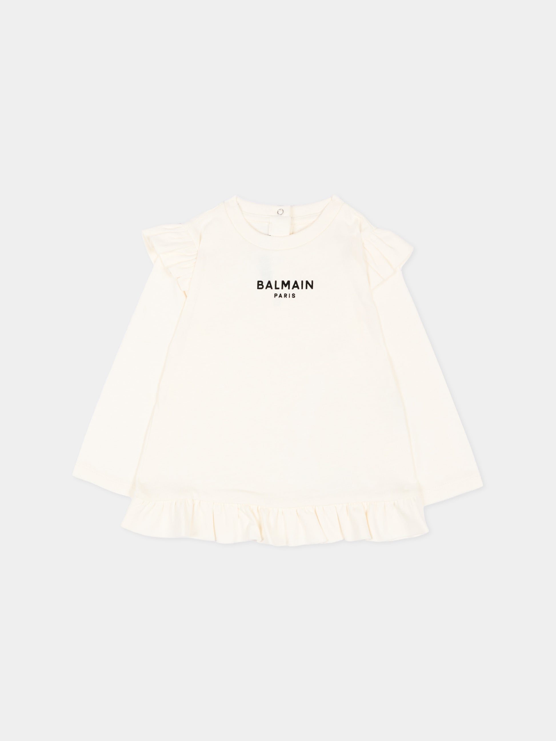 T-shirt a manica lunga avorio per neonata con logo,Balmain Kids,BZ8010 Z3672 102NE