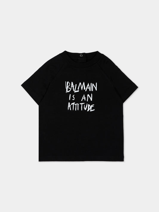 T-Shirt nera per neonato con logo,Balmain Kids,BZ8301 Z3672 930BC