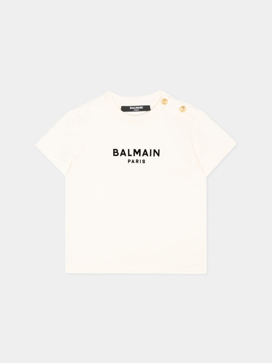 T-Shirt avorio per neonati con logo,Balmain Kids,BZ8321 Z3672 102OR