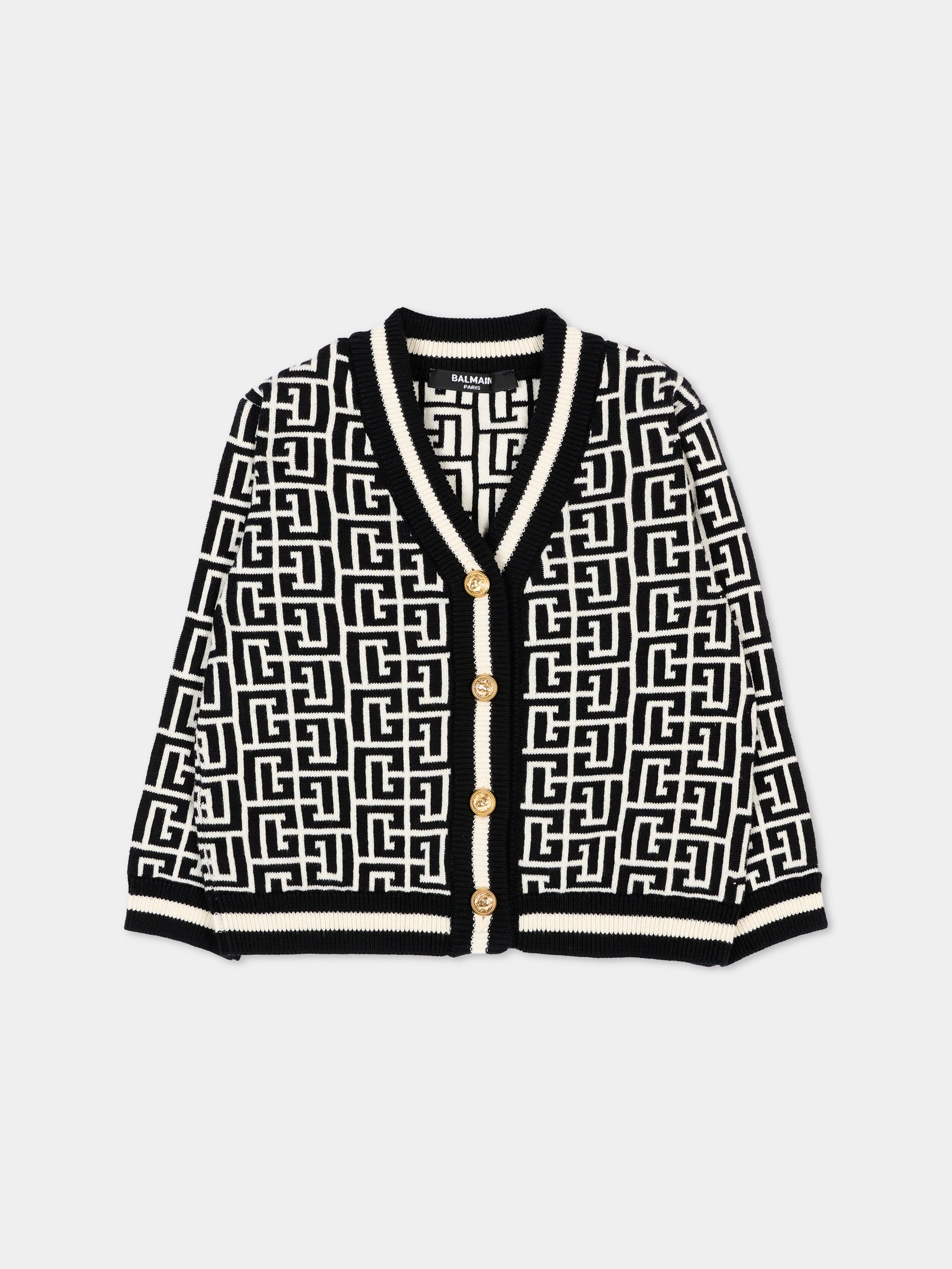 Cardigan nero per neonato con iconico labirinto,Balmain Kids,BY9550 Z3491 104NE