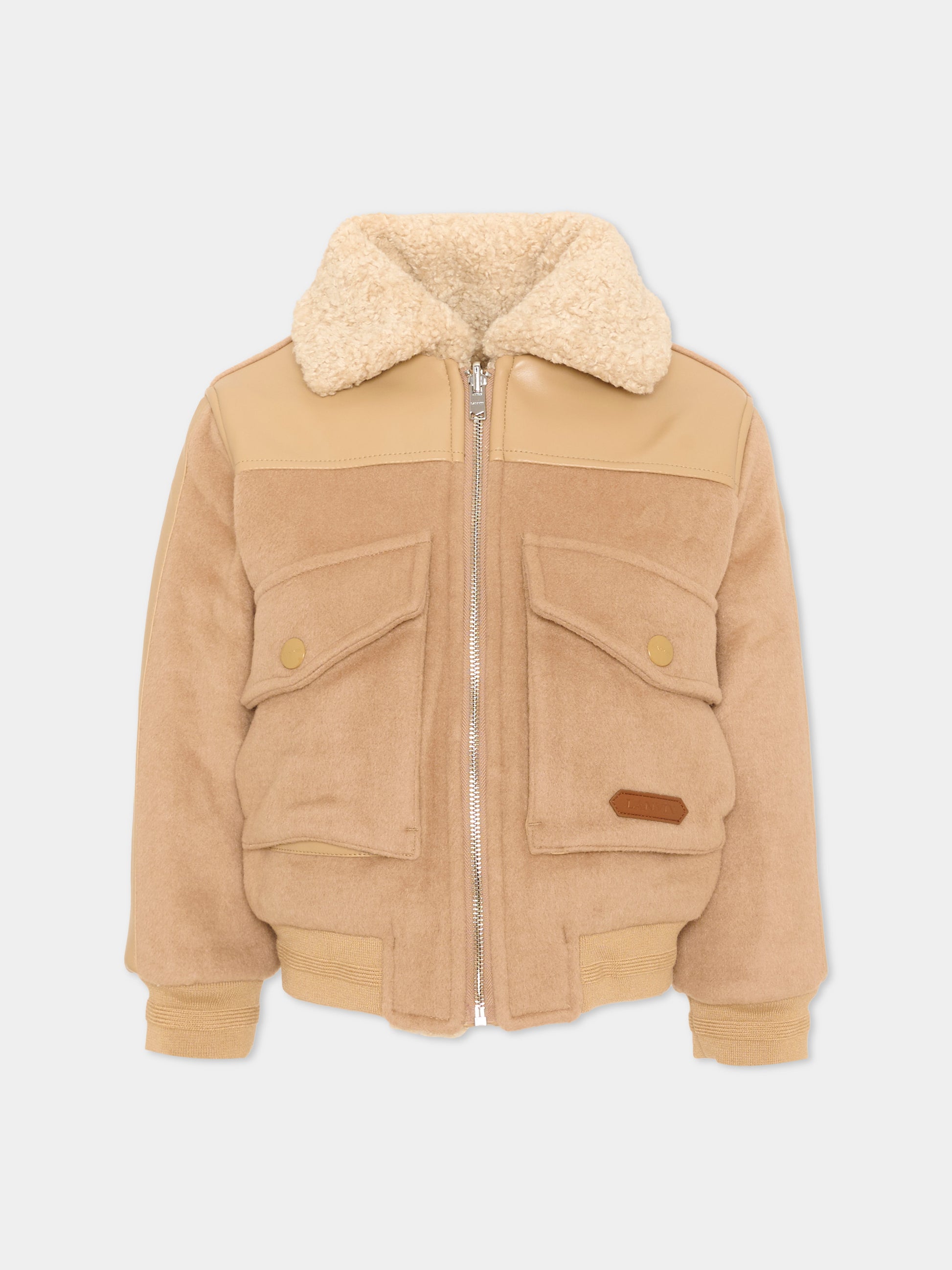 Ecopelliccia beige per bambino reversibile con logo,Lanvin Petite,N30447 287