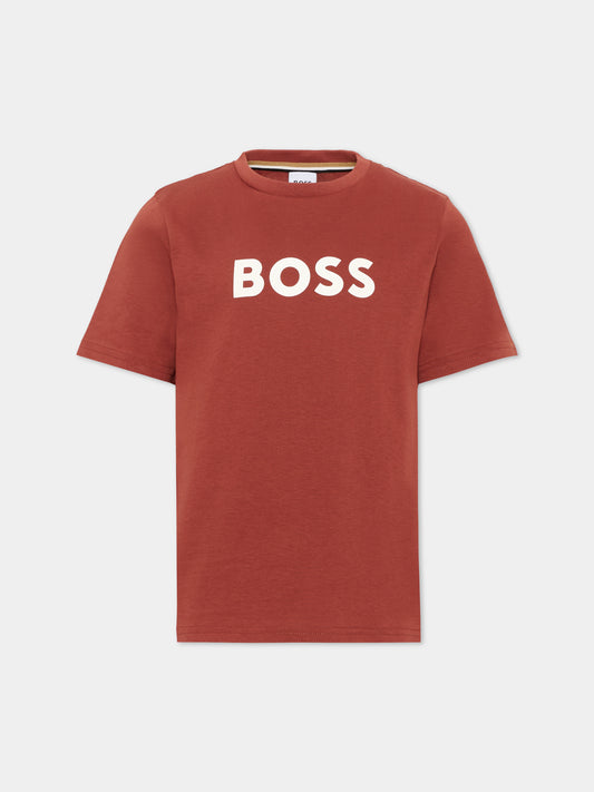 T-Shirt bordeaux per bambino con logo,Boss,J52711 95G