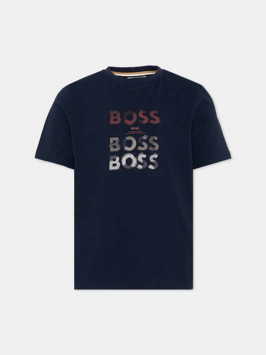 T-Shirt blu per bambino con logo,Boss,J53410 849