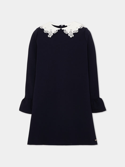 Abito blu per bambina con colletto in pizzo,Chloé Kids,C21246 859