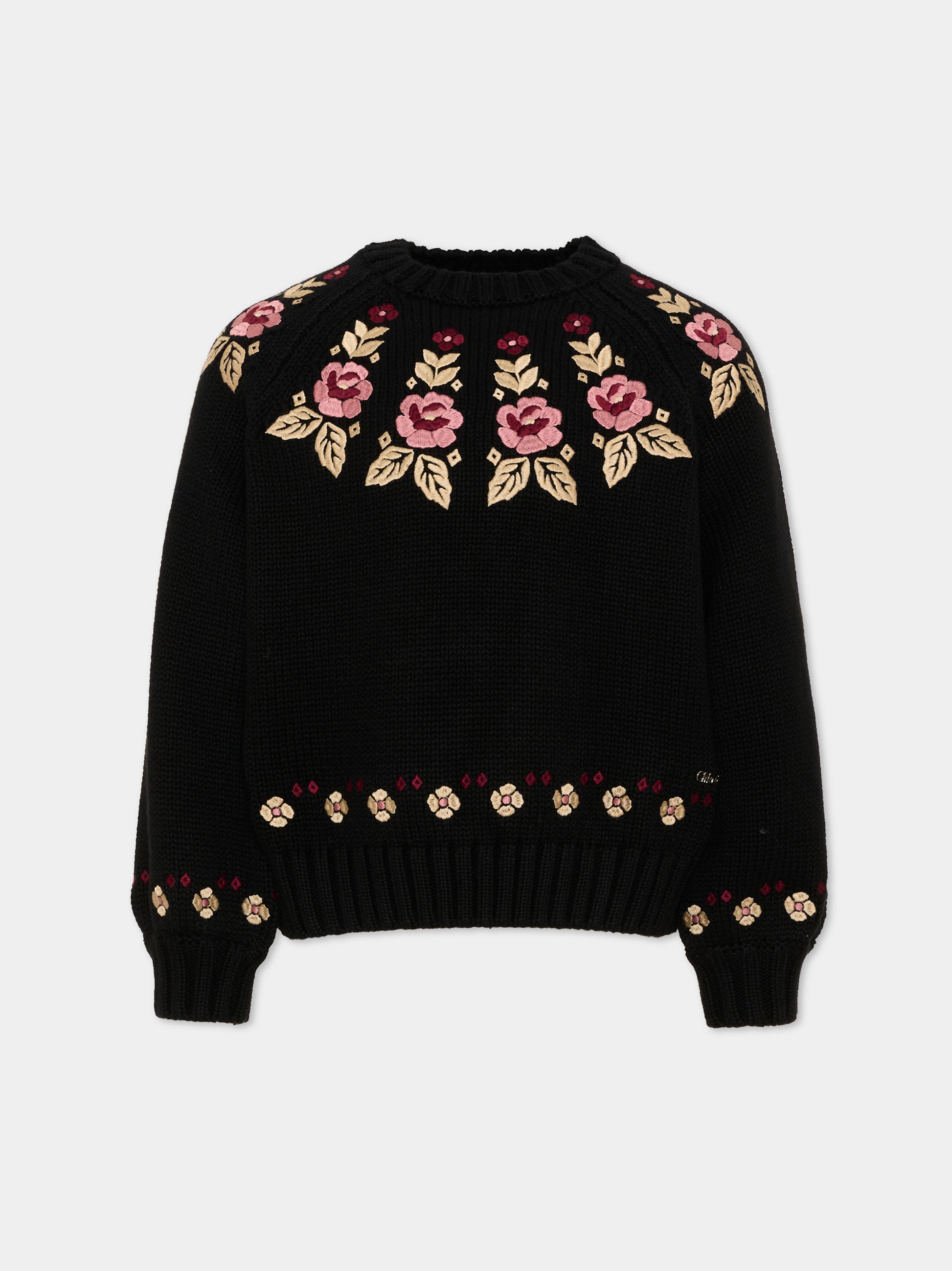 Maglione nero per bambina floreale,Chloé Kids,C21293 09B