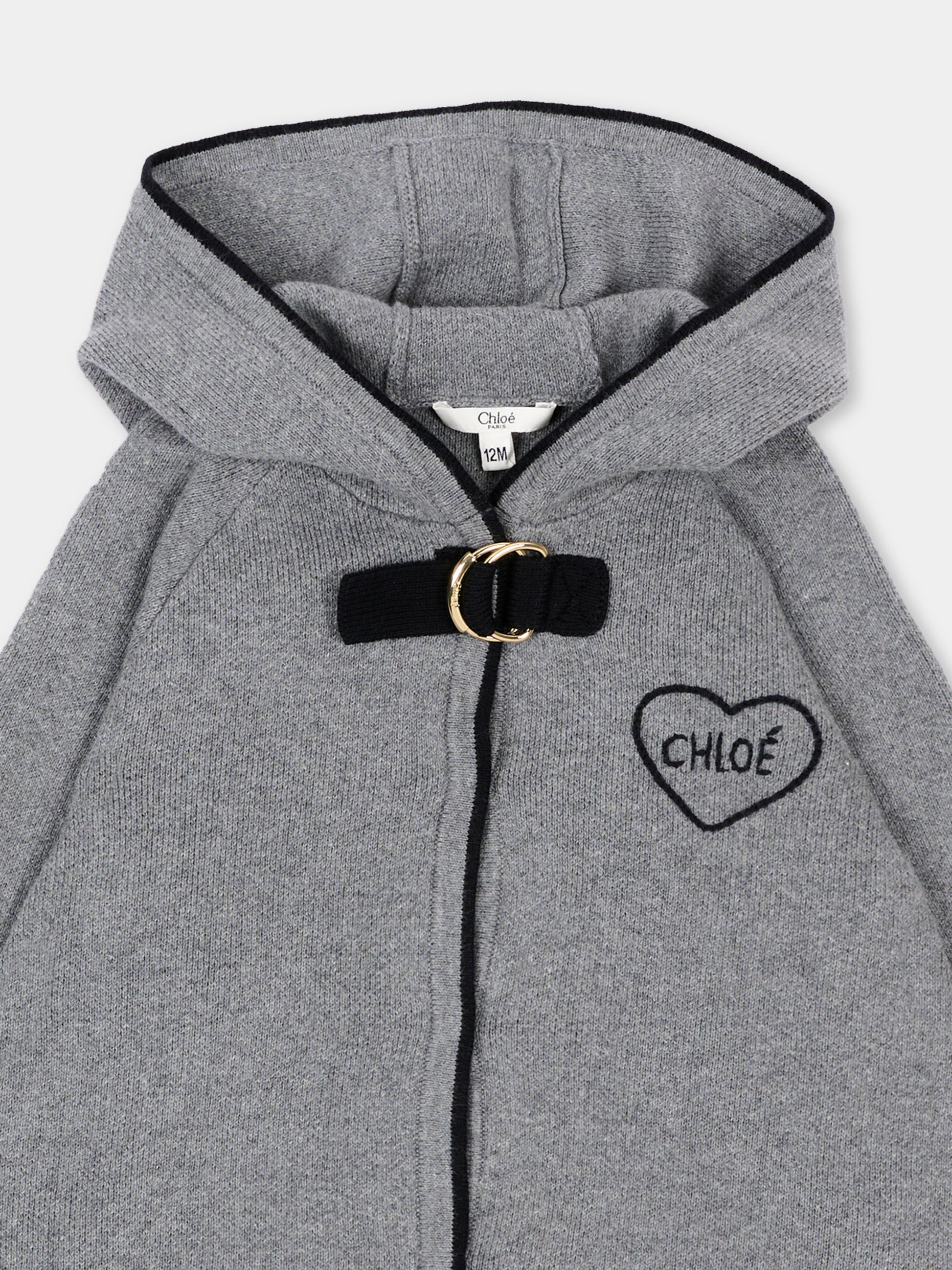 Cappa grigia per neonata con cappuccio in maglia,Chloé Kids,C21355 A46