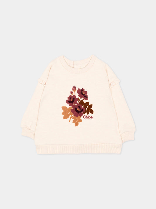 Felpa beige per neonata con fiori,Chloé Kids,C21359 B39
