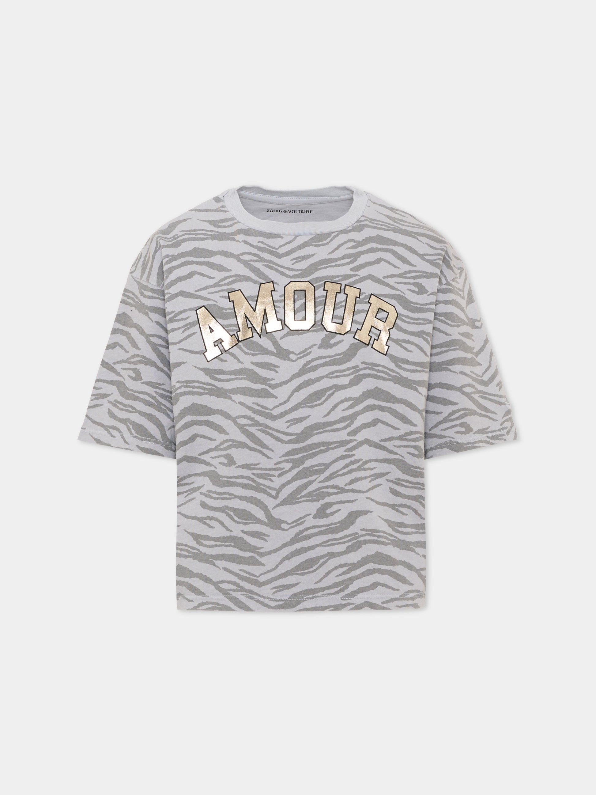 T-shirt grigia per bambina con stampa animalier,Zadig & Voltaire Kids,X60790 08E