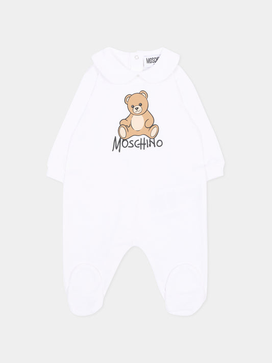 Tutina bianca per neonati con Teddy Bear,Moschino Kids,M5Y037 LCA40 10101