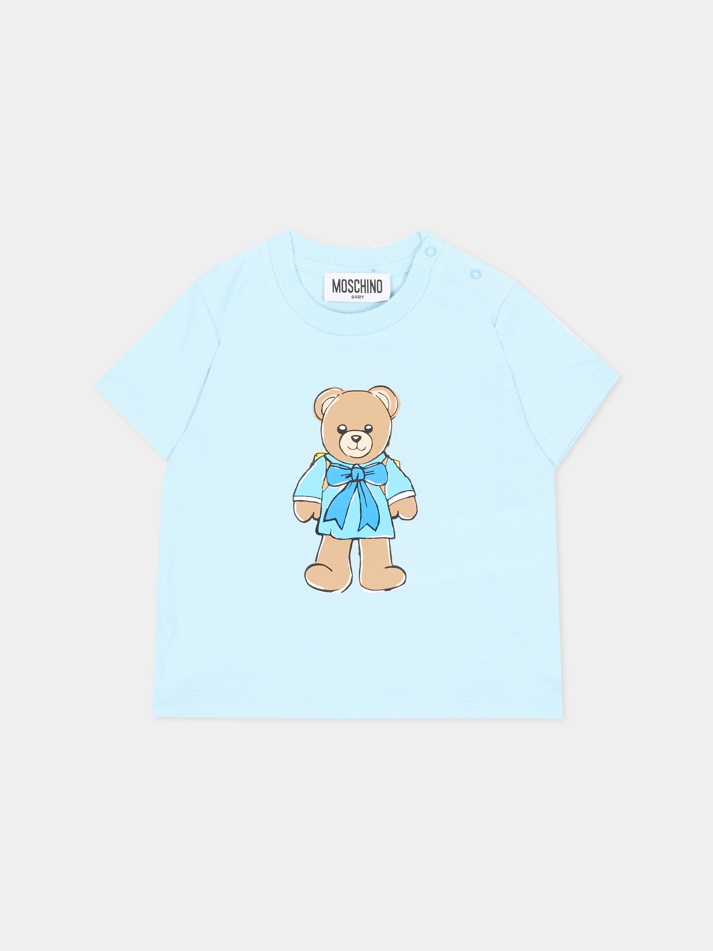 T-shirt a manica corta celeste per neonato con teddy bear,Moschino Kids,M7M047 LAA10 40304
