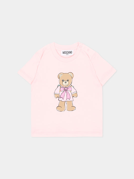 T-shirt rosa per neonata con teddy bear,Moschino Kids,M7M047 LAA10 50209