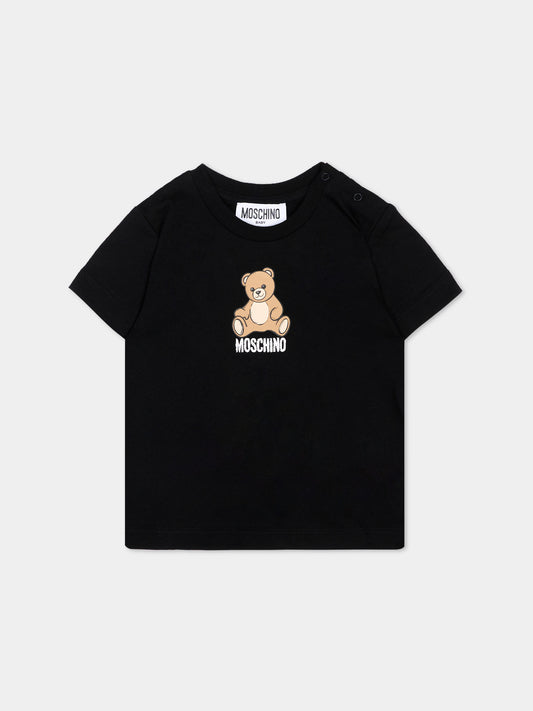 T-Shirt nera per neonati con Teddy Bear,Moschino Kids,M9M047 LAA10 60100